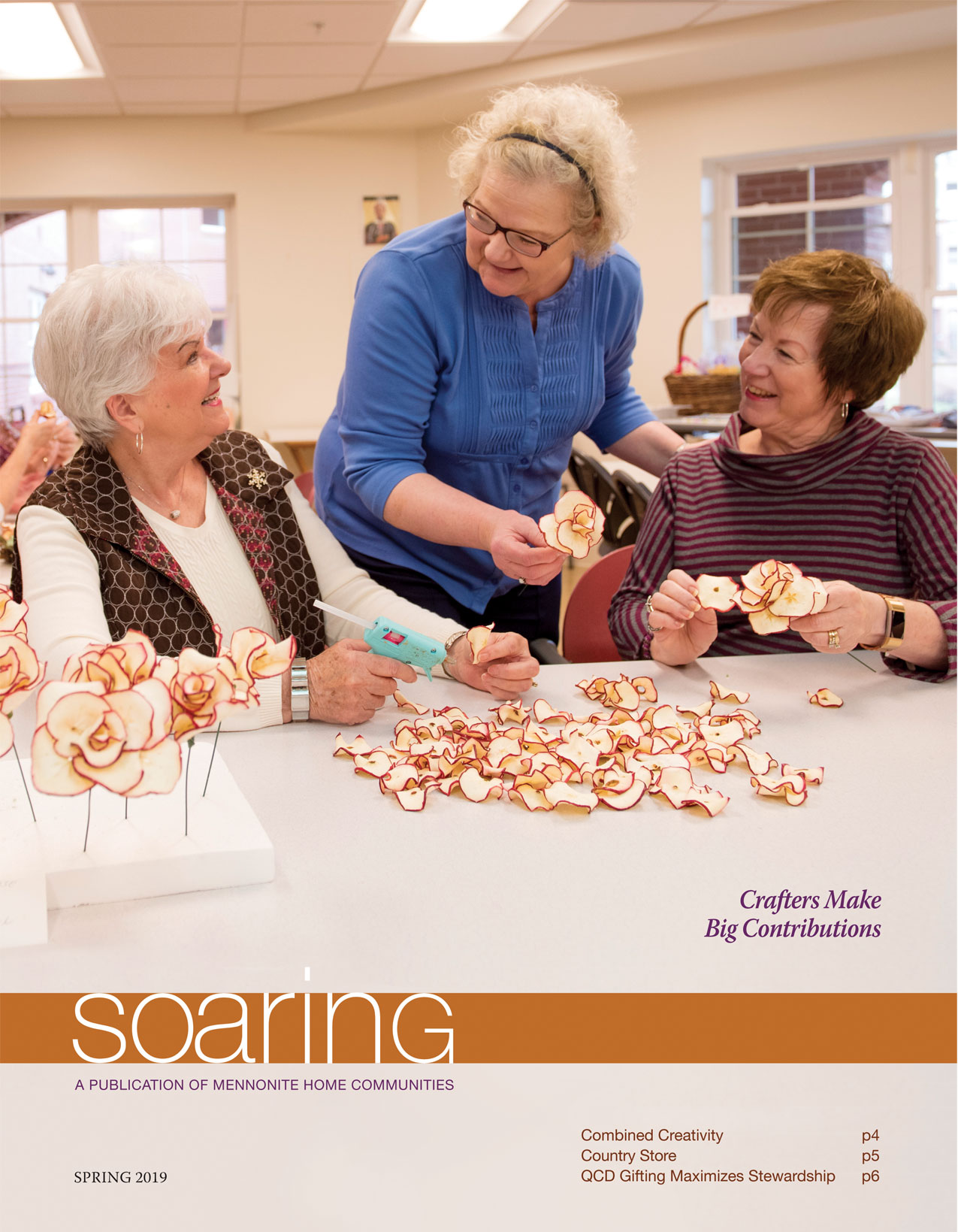 Three women enjoying crafts on the cover of the Spring 2019 Soaring Newsletter