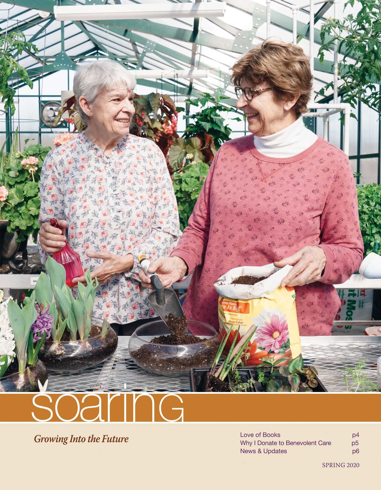 Two residents gardening on the cover of the Spring 2020 Soaring Newsletter