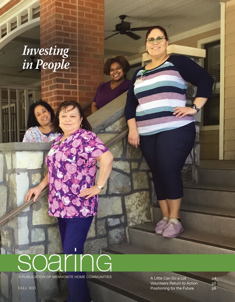 Four women smiling on the cover of the Summer 2021 Soaring Newsletter of Mennonite Home Communities