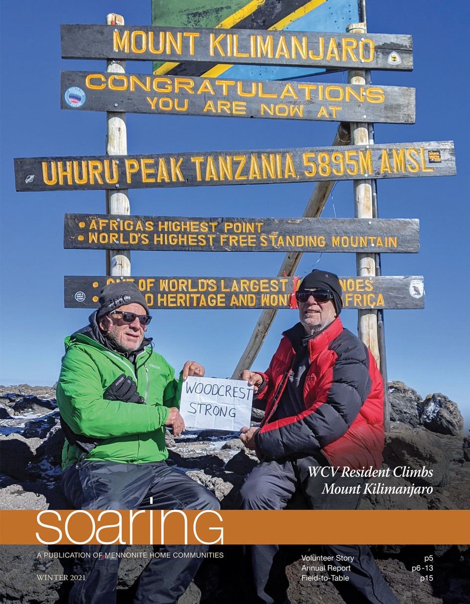 A resident at the peak of Mount Kilimanjaro on the cover of the Winter 2021 Soaring Newsletter