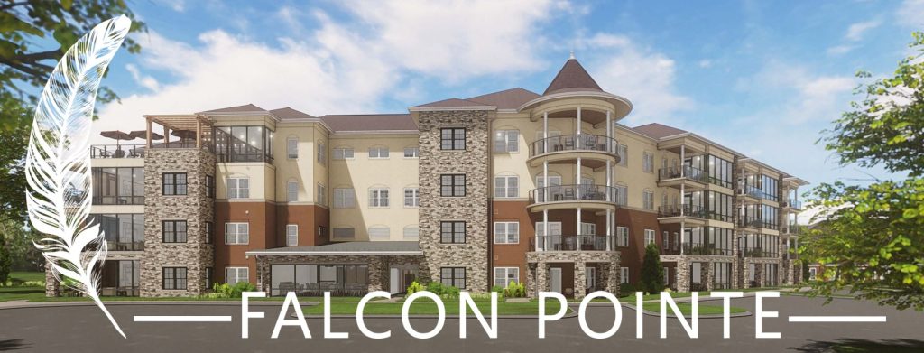 An exterior view of the Falcon Pointe Apartments at Woodcrest Villa